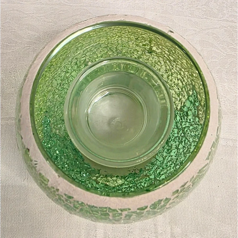 Green Mosaic Glass Tea Light Candle Holder Globe Votive with Inner Cup 3.5in